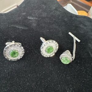Men's Green Crystal Silver Cufflinks & Tie mPin Set Wedding Jewelry